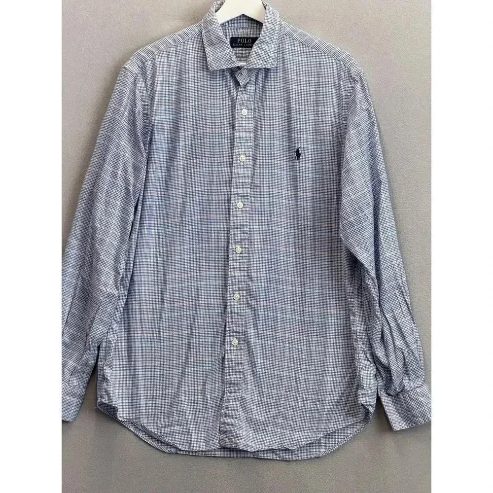 Polo Ralph Lauren Men's Sz Large Blue Plaid Long Sleeve Cotton Button Up Shirt‎